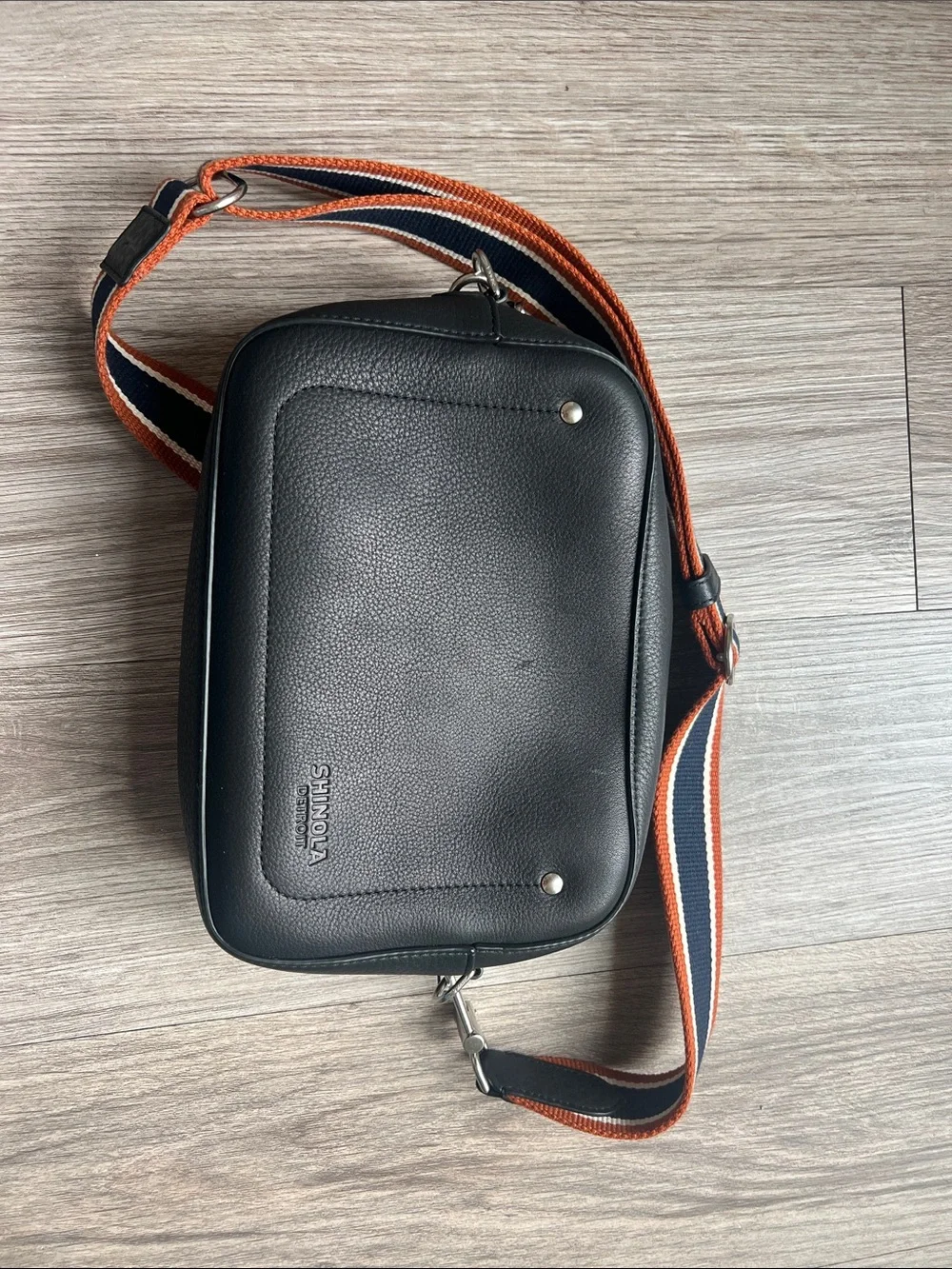 Shinola Camera Crossbody Bag Black with Navy, White & Rust Strap